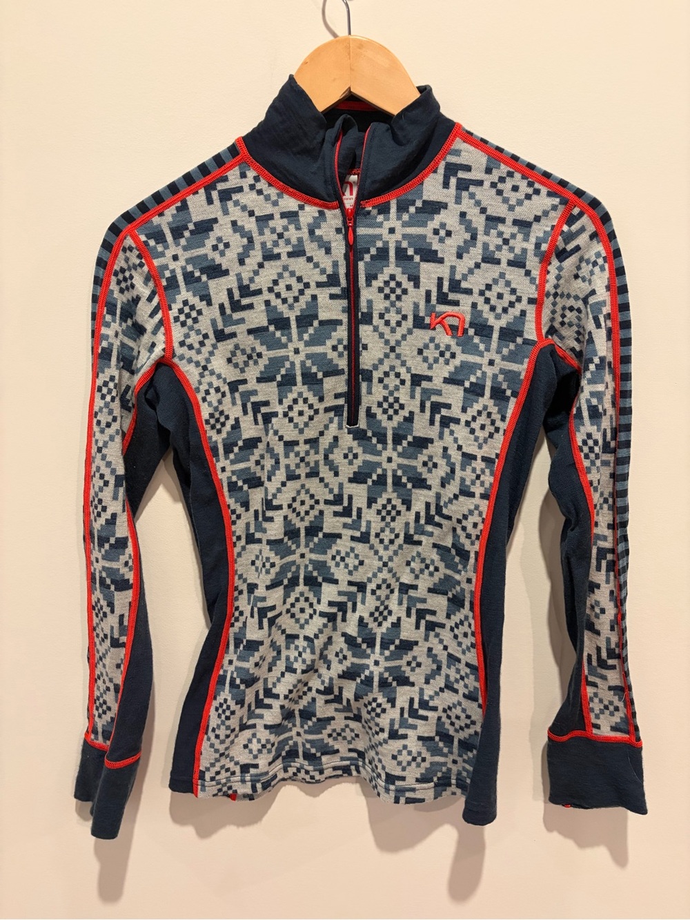 Kari Traa Navy and Light Gray Nordic Zip-Up Sweater with Red Piping M
